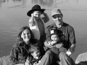 family by lake